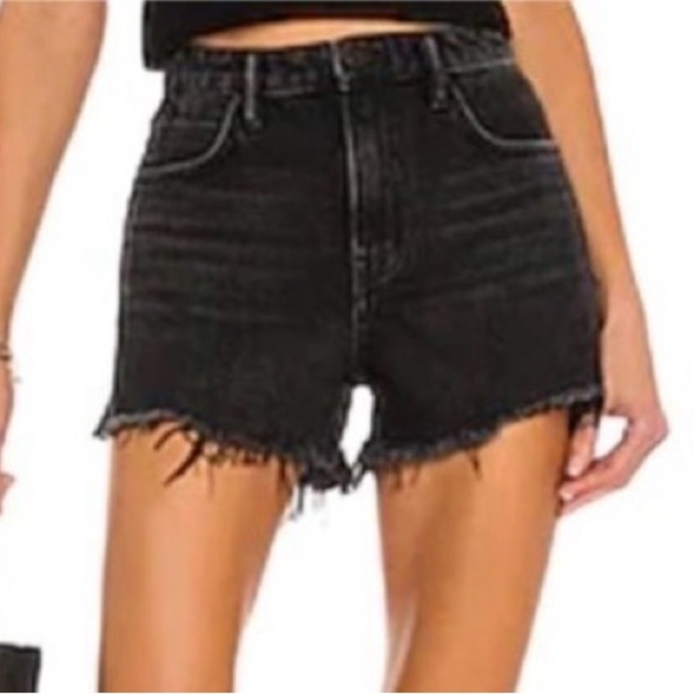 PAIGE Black High-Rise Frayed Hem Denim Shorts